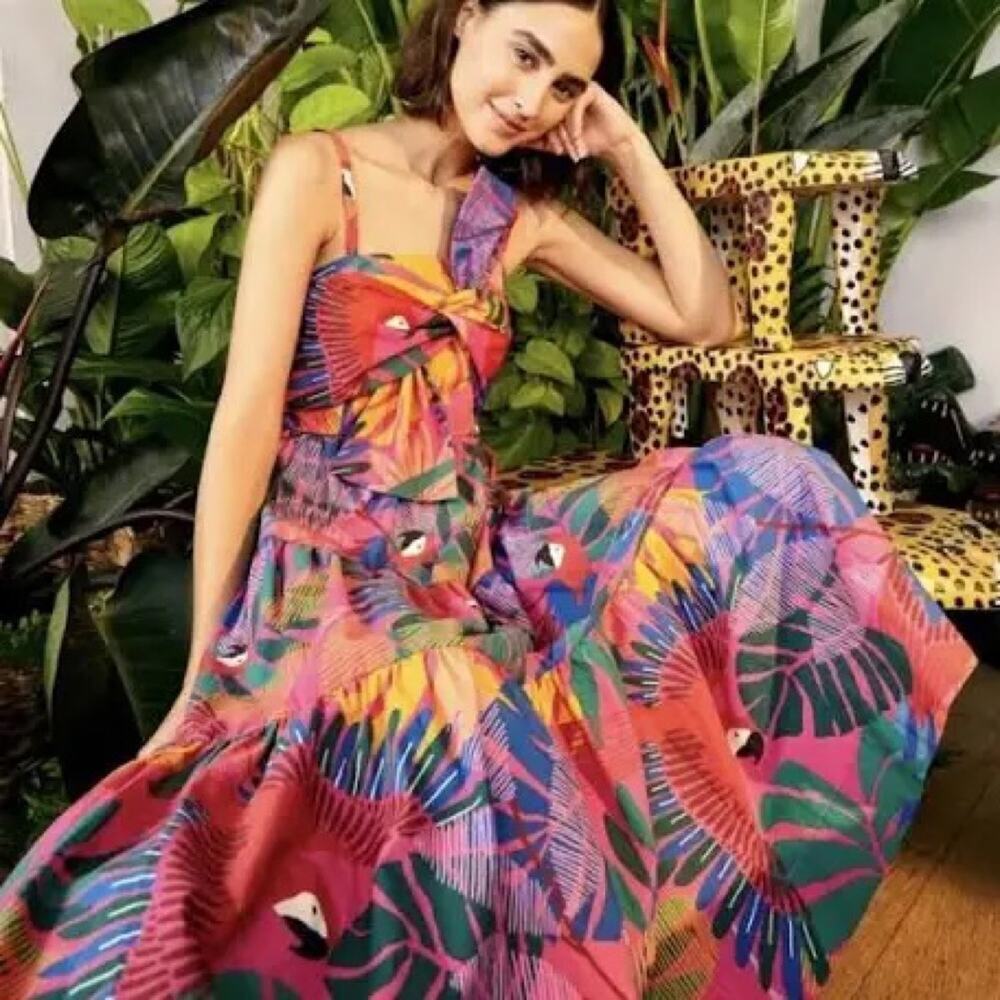 NWT $215 Farm Rio Macaw bowtie Midi Dress Small